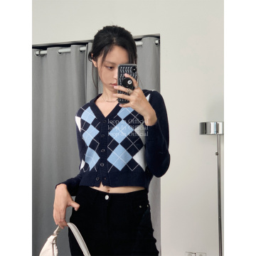 Women Plaid Color Block Knit Cardigans