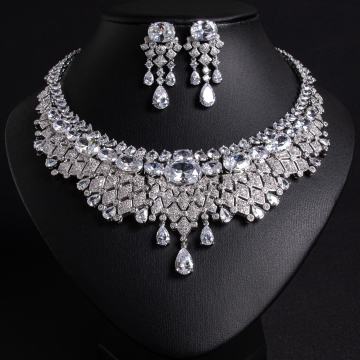 Oval Teardrop Fringe Collar CZ Bridal Necklace Earring Set