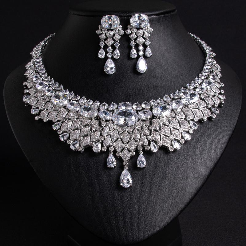 Oval Teardrop Fringe Collar CZ Bridal Necklace Earring Set