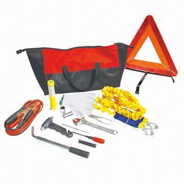 Car Emergency Kit with Cable Booster, Cotton Gloves, Fiber Bag, Flashlight, Safety Hammer and Wrench