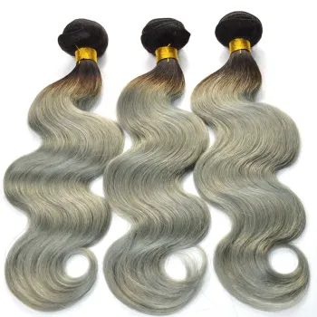 Wholesale 10" to 30" Color T1B/Grey Body Wave Brazilian Hair Extensions with Dark Roots Ombre Grey