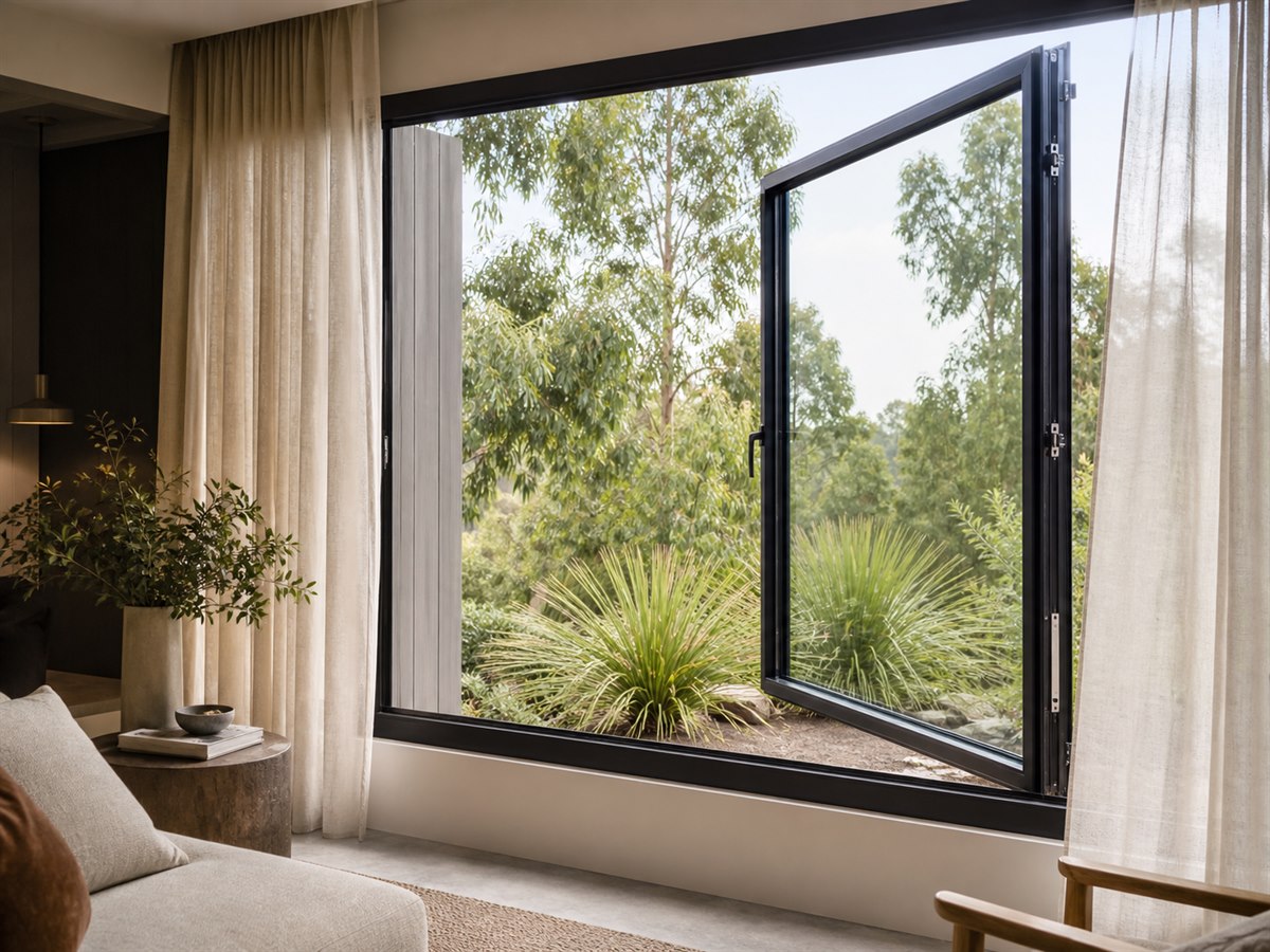 Open black aluminium casement window in a modern Australian home