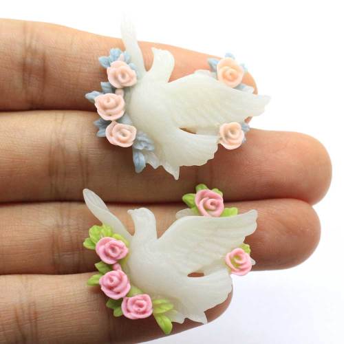 Hottest White Peace Dove Artificial Bird With Flower Resin Flatback Decoration Cabochon DIY Jewelry Finding Scrapbook Accessory