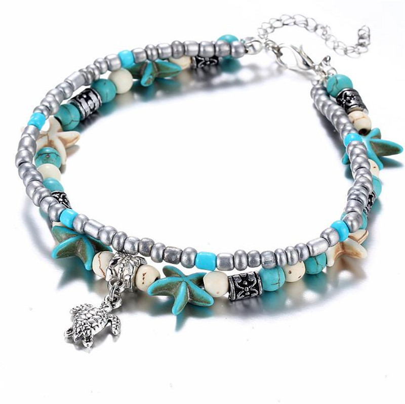 Pulsera de tobillera de tortuga azul para mujer con pulsera de tobillo de playa hecha a mano con cuentas de múltiples capas con accesorios de pie bohemio