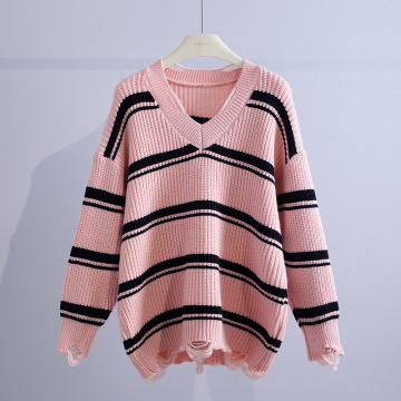 Womens Retro Stripe Knitted Sweater - Sweet V-Neck for Autumn Winter