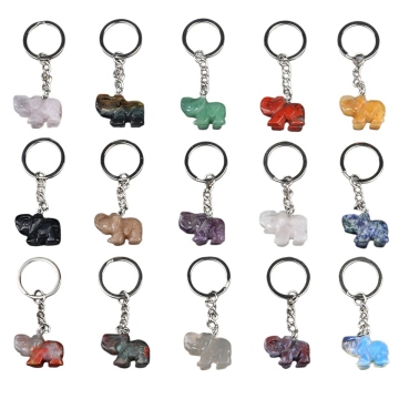 Porte-clés en pierre naturelle, pendentif éléphant sculpté avec étiquette de sac en acier inoxydable