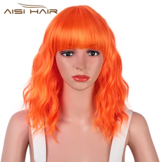 Aisi Hair Wholesale Top Quality Orange Short Bob Wig With Neat Bangs Synthetic Short Curly Wave Wigs For Black Women
