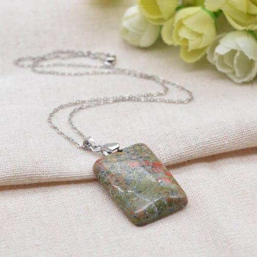 Natural Unakite Women Chakra Rectangle Gemstone Pendant Necklace