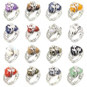 New Arrival Heart Shape Love Hollow Rings Gemstone Heart Ring for Women Girl Natural Stone Crystal Wedding Rings Adjustable Ring