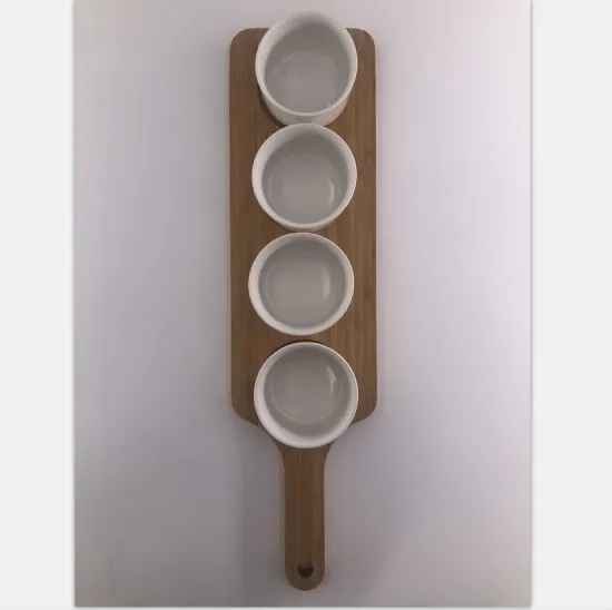 Wooden food tray with ceramic bowl set