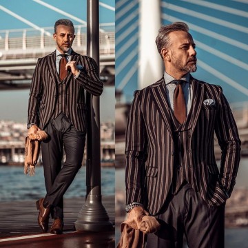 3 Pcs Pinstripe Mens Suits Handsome Wedding Tuxedos 2020 Peaked Lapel Groom Suit Custom Made Groom Wear