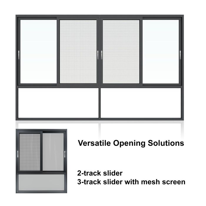 Ventana corrediza de aluminio con doble acristalamiento y pantalla