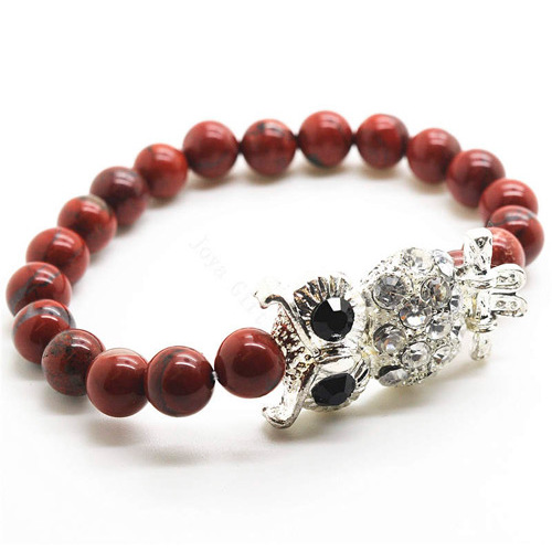 Red Jasper 8MM Round Beads Stretch Gemstone Bracelet with Diamante alloy Owl Piece