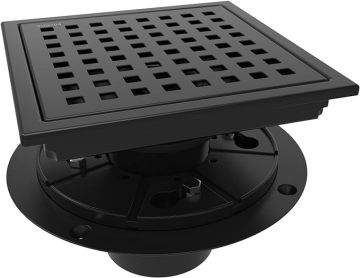 6 Inch Square Shower Floor Drain with Quadrato Pattern Grate - Matte Black, Food-Grade SUS 304 Stainless Steel