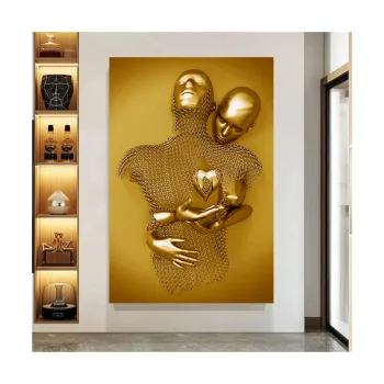 Romantic Abstract Wall Art: Golden Lovers Statue Canvas for Modern Living Rooms