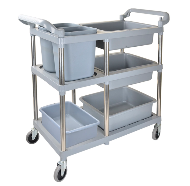 Stainless steel dining trolley used in hotel restaurants