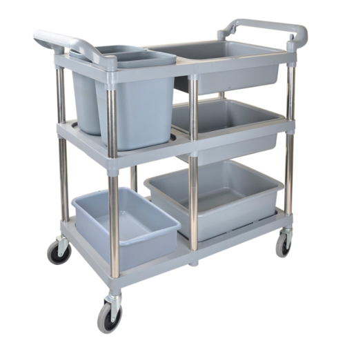 Stainless steel dining trolley used in hotel restaurants