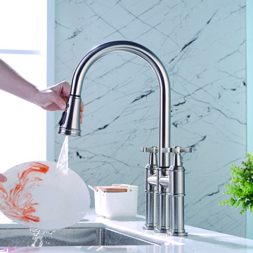 Three Hole Bridge Faucet with Pull-down Spray