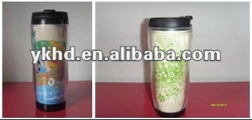 promotional double wall plastic cups with lids and paper insert