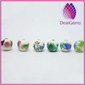 Bead porcelain 8mm round with flower, 2-2.5mm hole.