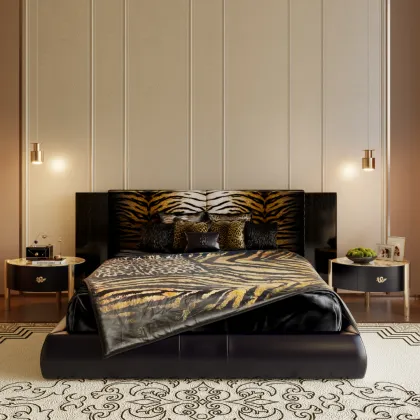 Luxury Italian High Quality Genuine Leather Upholstered Bed Pine Wood Frame