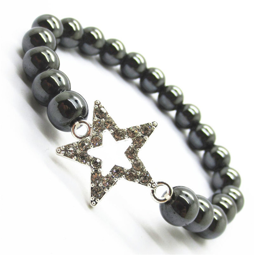 Hematite 8MM Round Beads Stretch Gemstone Bracelet con Diamante alloy star Piece