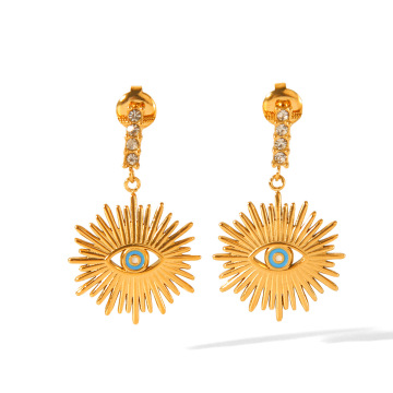 18K Gold Plated Stainless Steel Earrings with Zircon and Sun Devil Eye Pendant