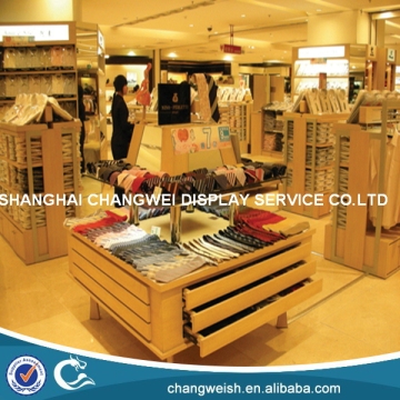 wood retail clothing display rack and wood table top display shelf