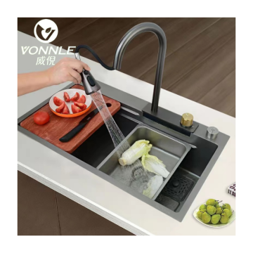 Stainless Steel Kitchen Sink Bowl Black Raindance Waterfall