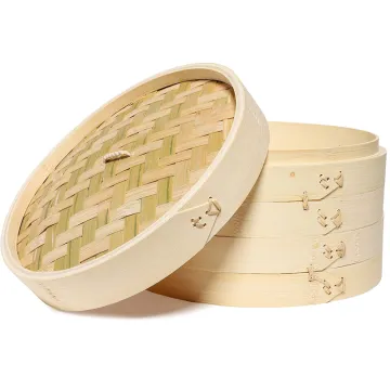 Bamboo Steamer Basket 10 Inch for Dim Sum, Buns, and Dumplings - 3-Piece Set