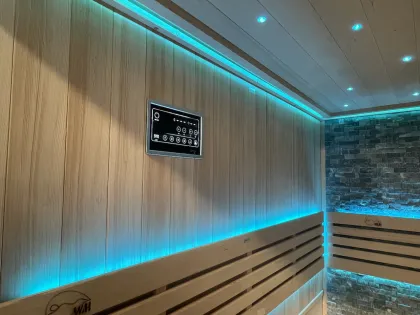 Outdoor Wet Steam Sauna Room with Harvia Stove and Cultured Stone