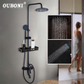 OUBONI Matte Black Bathroom Shower Mixer Faucet Rainfall Shower Faucets Set Lever Bathtub Shower Mixer Faucet W/ Storage Shelf