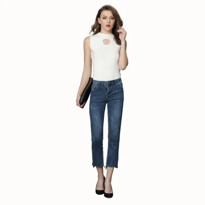 MID Waist Ankle Length Irregular Hem Ladies Straight Jeans