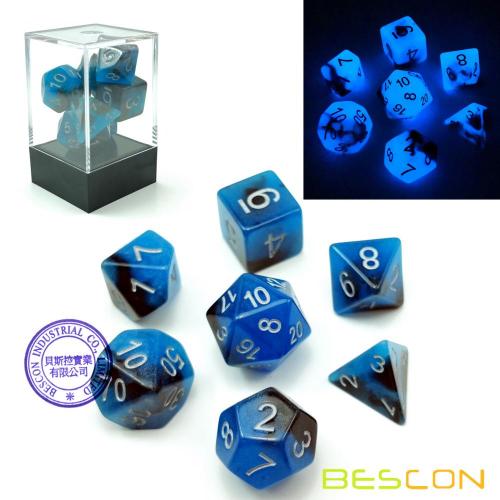 Bescon Zweifarbige Glow-in-the-Dark Vieleck Würfel Set BLUE DAWN, leuchtende RPG Würfel Set d4 d6 d8 d10 d12 d20 d% Brick Box Pack