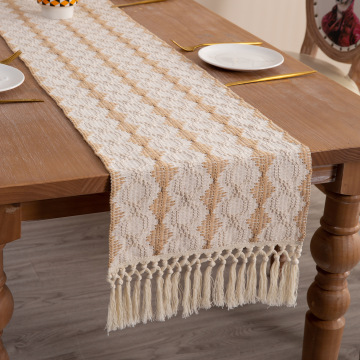 Polyester Cotton Woven Geometric Table Runner with Black and White Tassels