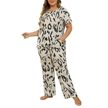 2023 Summer Women's Plus Size Leopard Print Pajama Sets: 2PCs Casual Loose Sleepwear with Long Pants and Pockets