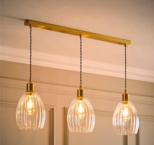 Brushed Gold and Ribbed Glass 3 Drop Diner Ceiling Light (4)