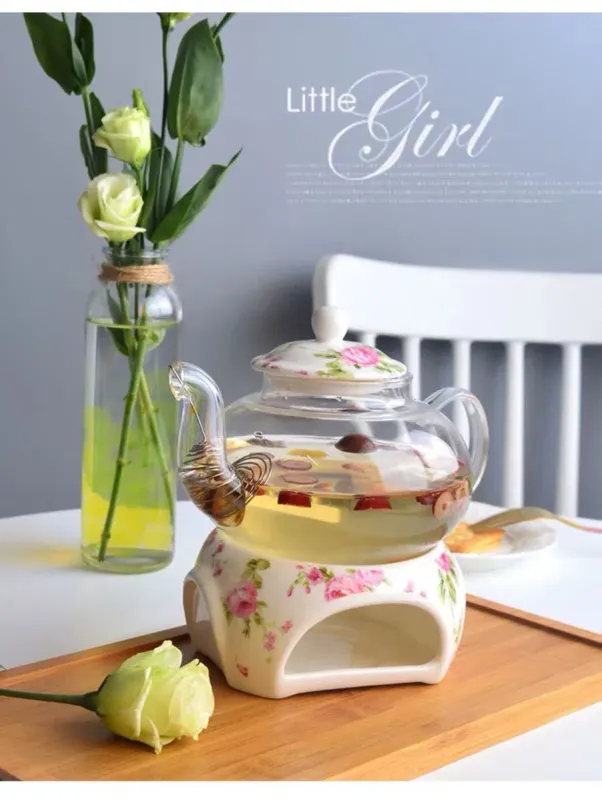 Glass Tea Maker Teapot Set with Ceramic Warmer Filter and Lid