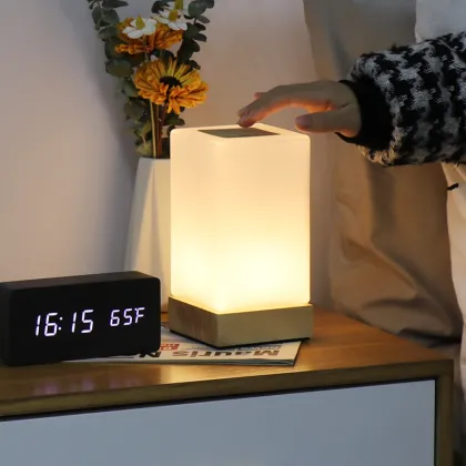 High-Tech Wooden Base Touch Control Desk Lamp with Glass Shade