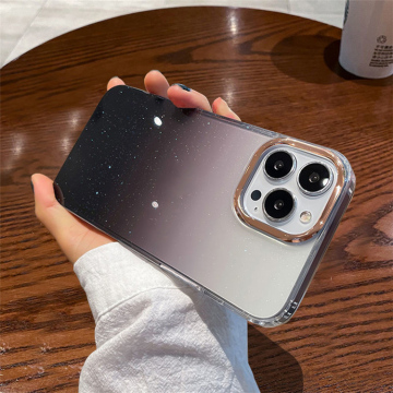 Starry Gradient Glitter Clear Shockproof Case with Plated Camera Lens Cover for iPhone 15 Pro Max, 14, 11, 12, 13 Pro Capa