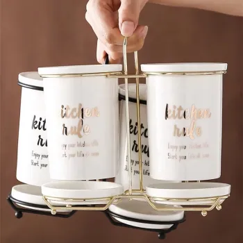 White Ceramic Spoon Holder with Stainless Steel Stand for Restaurant Kitchenware