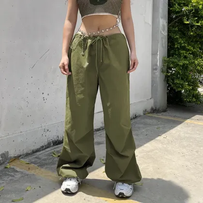 Street High Quality Nylon High Waisted Wide Leg Cargo Elastic Pants Women OEM