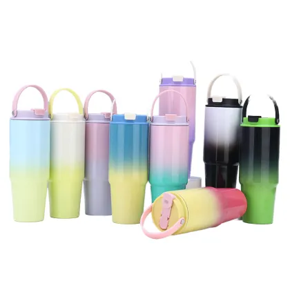 Gradient Stainless Steel Thermos Cup with Handle and Straw for Home & Travel