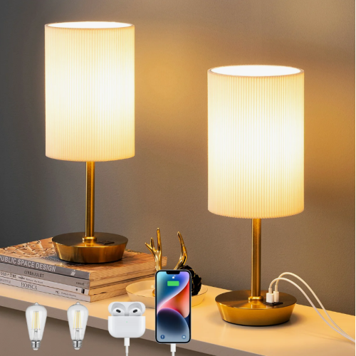 39cm Dimmable USB Metal Table Lamp with Linen Shade, Touch Control (Set of 2)