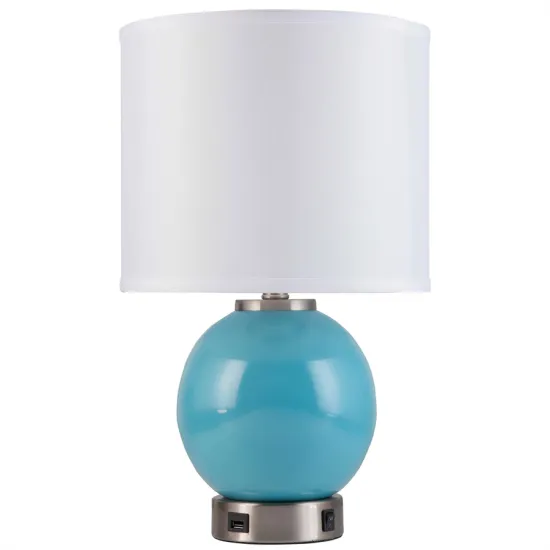 21 Inches H Table Lamp with Blue Body and Brushed Nickel Base - Includes Convenience Outlet and USB Charging