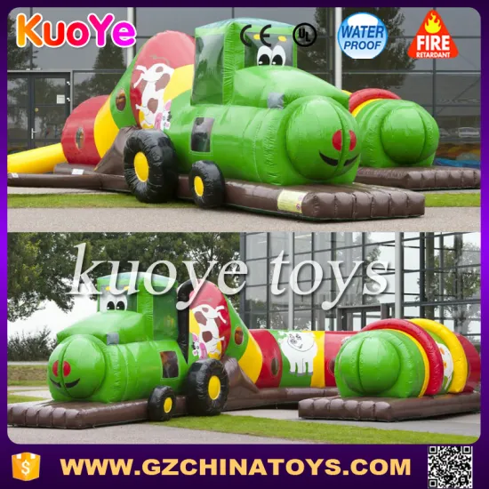 green inflatable tunnel tractor obstacle course for kids
