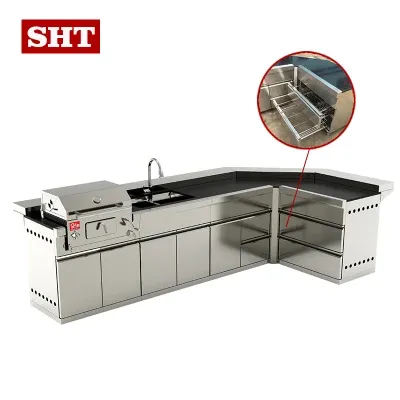 Custom Made L Shape Kitchen Charcoal Grill with Faucet for Garden