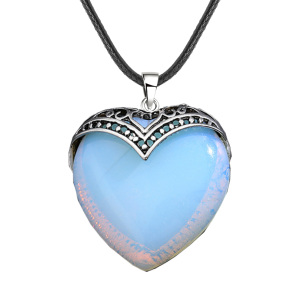 Opalite Antique Silver Alloy Heart Pendant Necklace 45cm Black Cord