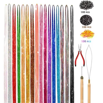 Shiny Laser Wigs and Tinsel Hair Extension Tool: Bright Party Highlights for Women