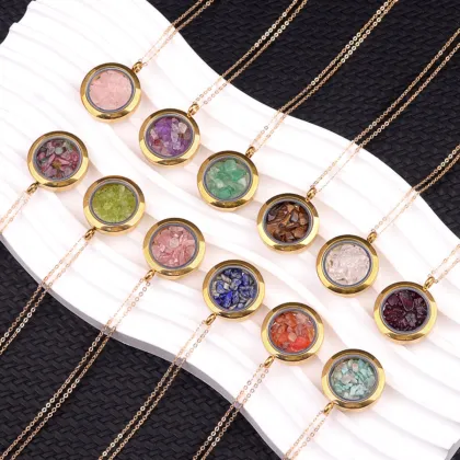 Genstone Memory Locket Necklace Pendant with Charms Natural Stone Chips Memory Pendant Necklace with 45cm Gold Chain